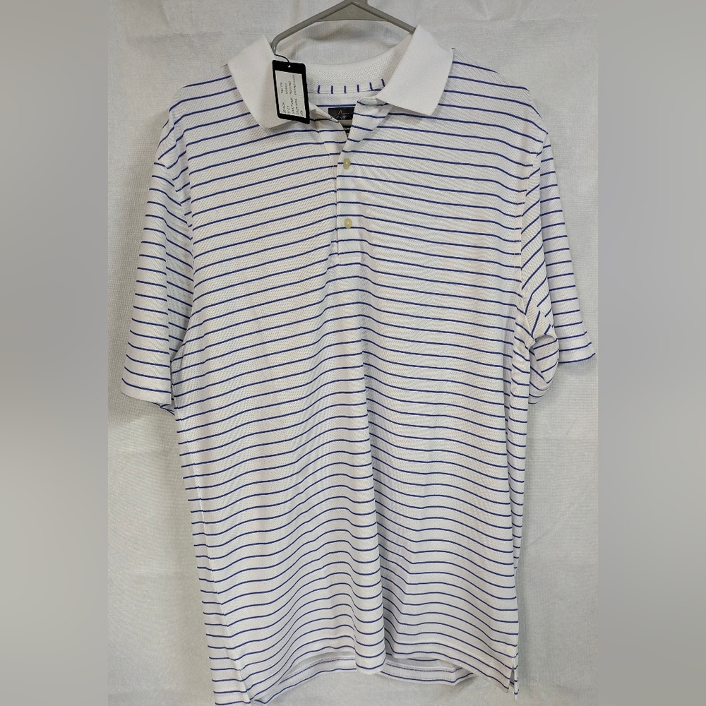 Greg Norman Collection White and Blue Striped Polo